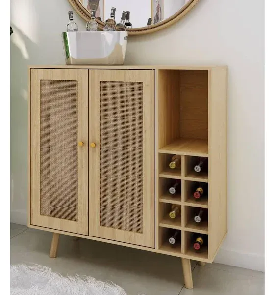 Atlantic Loft & Luv Remy Boho Mid-Century Bar Cabinet with Natural Rattan Panels with Storage, Natural Finish