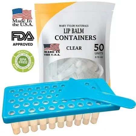 Lip Balm Container Tray Kit with Fill Tray and Spatula, BPA Free, Made in the USA, Includes 50 Clear Containers with Caps (0.15 oz each) by Mary Tylor Naturals