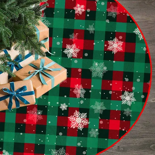 Christmas Tree Skirt Buffalo Plaid Tree Skirt Snowflake Thick Xmas Tree Skirt...