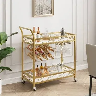 Gold 2-Tiers Storage Shelves Mobile Kitchen Bar Carts