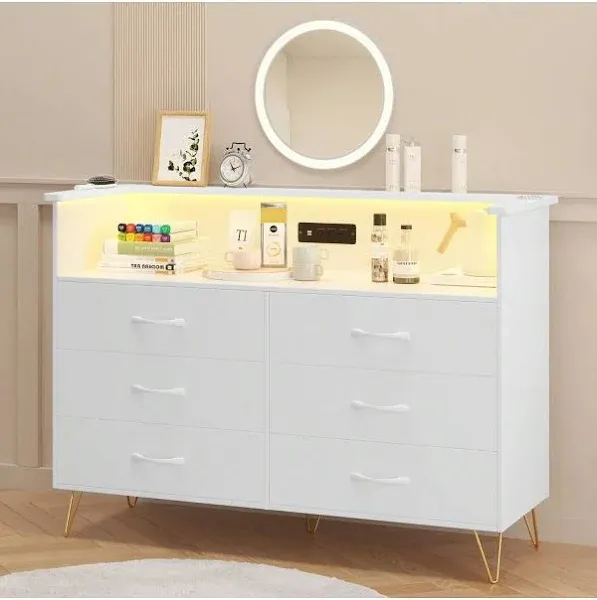 White Dresser for Bedroom with Led Light & Charging Station 6 Wooden Drawers Dressers with 2-Tier Open Shelves