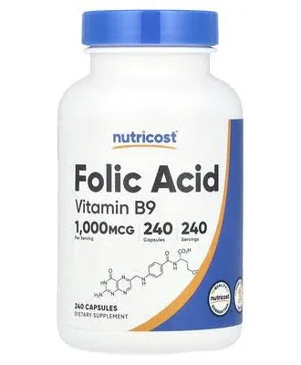 Nutricost Folic Acid (Vitamin B9) 1000 mcg, 240 Capsules - Gluten Free &amp; Non-GMO