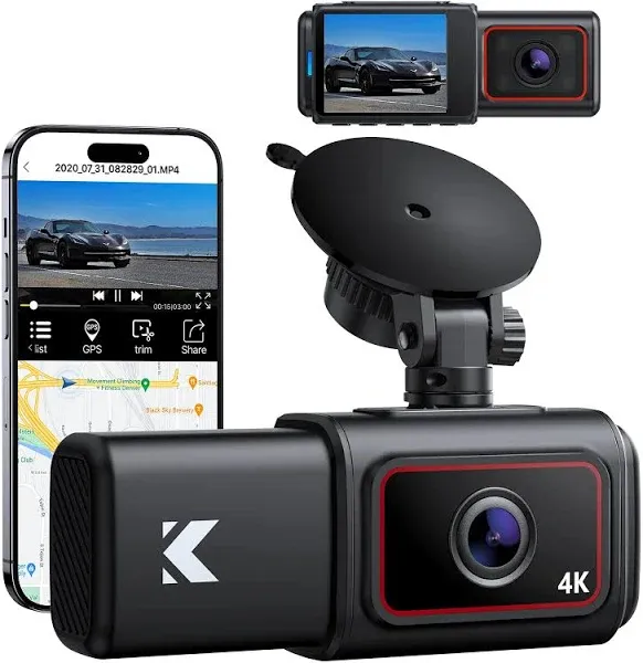 Kingslim D6-4K Dual Dash Cam - WiFi & GPS 4K Front and 1080P Inside Type-C Uber Car Camera with Super Night Vision and 24-Hour Parking Monitor, 3 Channel Dash Cam Optional, Black