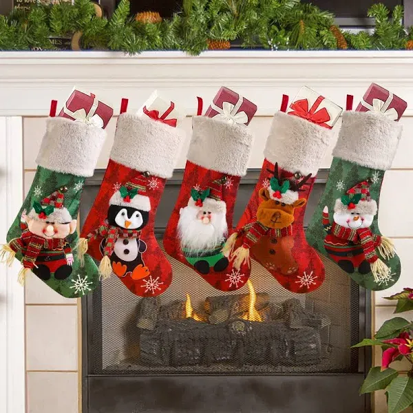 NDTOYS 5PCS 18" Christmas Stockings, Personalized Christmas Stockings Santa Snowman Reindeer Xmas Stocking for Christmas Party Decorations