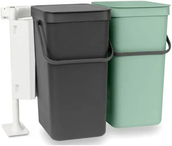 Brabantia Sort & Go Built-in Cupboard Recycling Cans (2 x 4.2 Gal/Dark Gray & Jade Green) Double Door Mounted Trash Organisers with Handles & Removable Lids