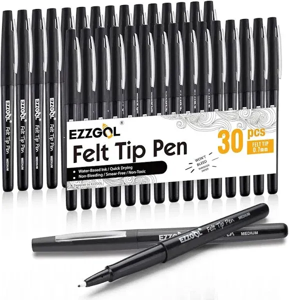 Black Felt Tip Pens, 30 Pack, 0.7mm Premium Medium Fine Point, Felt Tip Markers For Writing, Journal, Planner Coloring, Note Taking, Drawing, Art, School