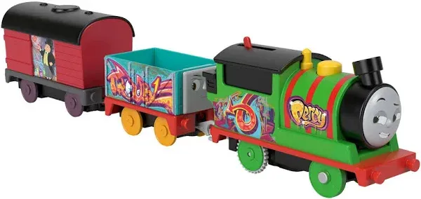 Motorized Toy Train Graffiti Percy Battery-Powere<wbr/>d Engine with 2 Cargo Cars f...