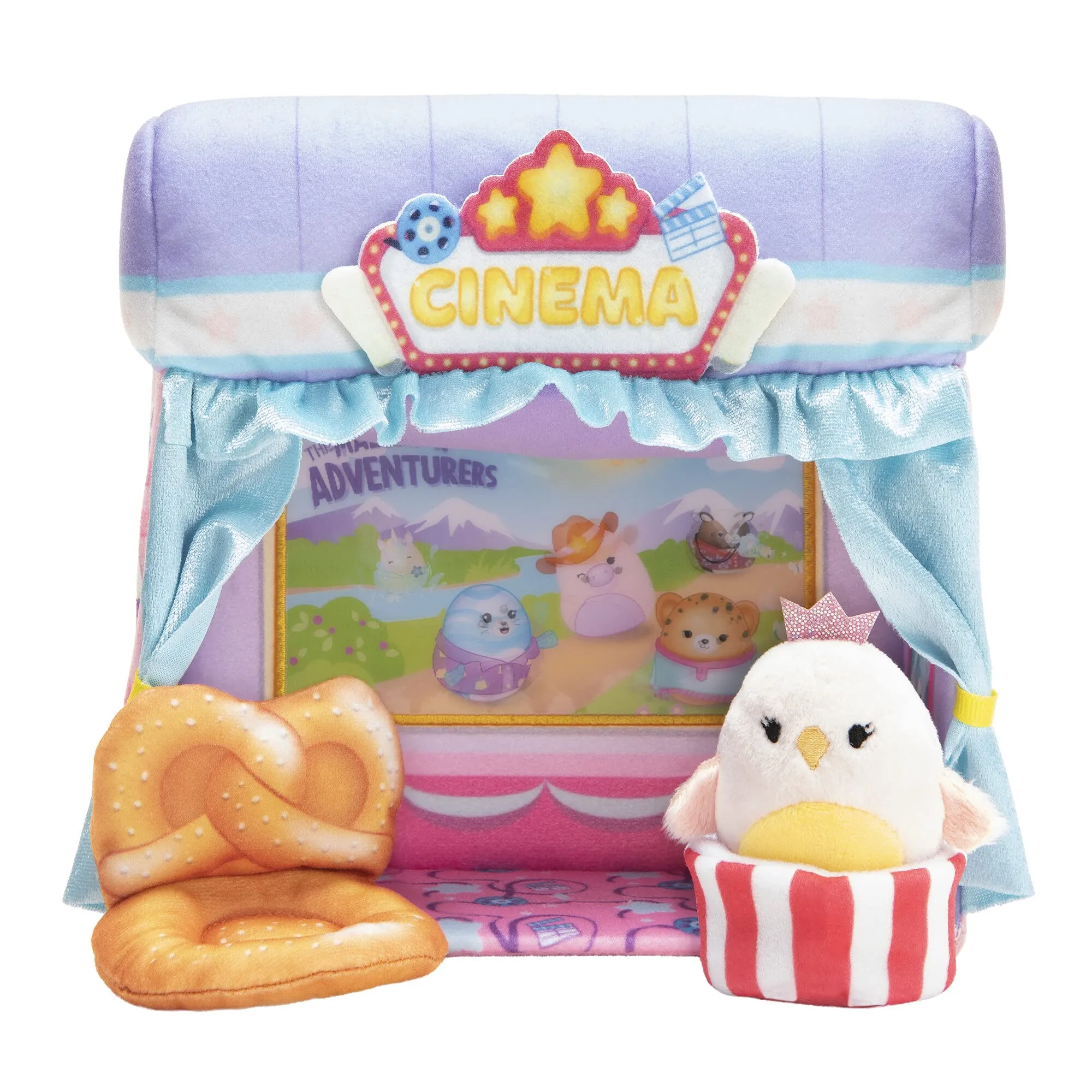 Squishville Mini-Squishmallows Cinema Playset - Includes One 2-Inch Plush, Pretzel Chair, Popcorn Bucket - Irresistibly Soft, Colorful Plush