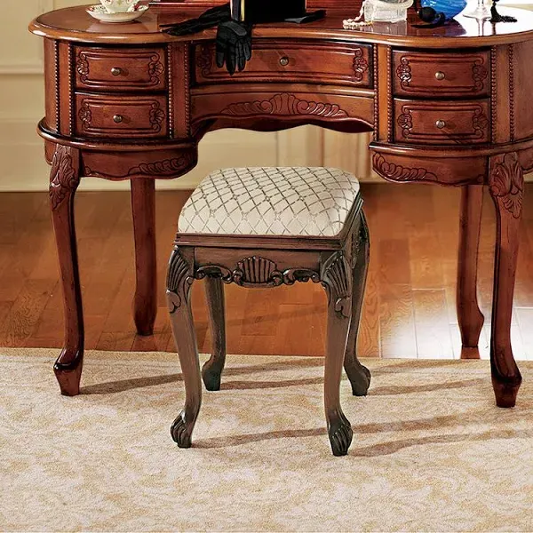 Design Toscano Madame Bouvier Makeup Chair Vanity Stool Bedroom Bench, Walnut