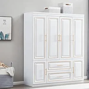 74" H Wardrobe Cabinet,Wardrobe Closet with 4 Doors, Armoire Wardrobe Closet with Storage Drawers, Clothing Rod and Shelves, Bedroom Armoires with Gold Decorative Border, Armoire