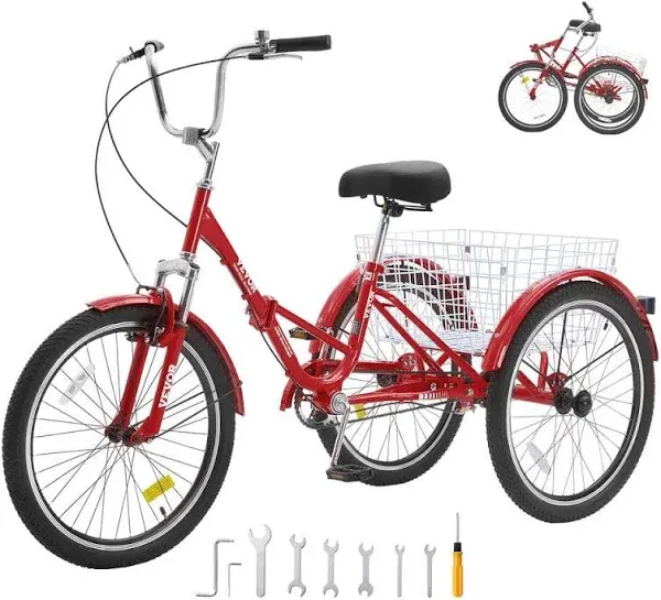 Folding Adult Tricycle 24 in. Adult Folding Trikes Carbon Steel 3 Wheel Cruiser