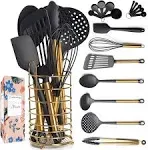 Black and Gold Kitchen Utensils with Stainless Steel Gold Utensil Holder -18 ...