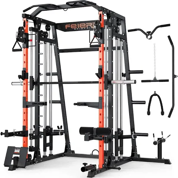 FEIERDUN Smit Machine Power Cage FOR01, All-in-One Home Gym Squat Rack with Barbell & Solid Limit Rod & Two LAT Pull-Down Systems & Cable Crossover Machine for Home Gym