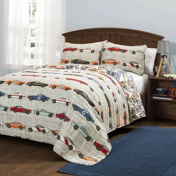 Twin Quilt Set Race Car Print White Red Yellow Blue Boy Girl Bedding Cover GIFT