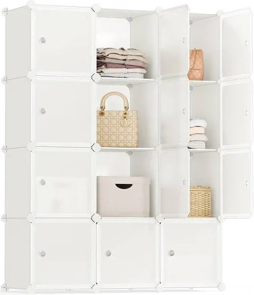 SONGMICS Cube Storage Organizer, Set of 12 Plastic Cubes, Closet Storage Shelves, DIY Plastic Closet Cabinet, Modular Bookcase, Shelving with Doors for Bedroom, Living Room, Cream White ULPC342W02