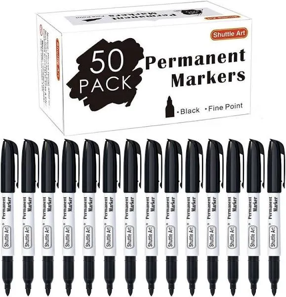 Shuttle Art Permanent Markers, 50 Pack Black Permanent Marker Set,Fine Point, Works On Plastic,Wood,Stone,Metal and Glass for Doodling, Marking