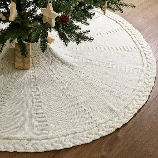 LimBridge Knitted Christmas Tree Skirt: 60 Inch Extra Large Cream White Tree Skirt, Braided Cable Knit Thick Rustic Christmas Tree Decorations, Christmas Decor Xmas Holiday Home Party Decorations