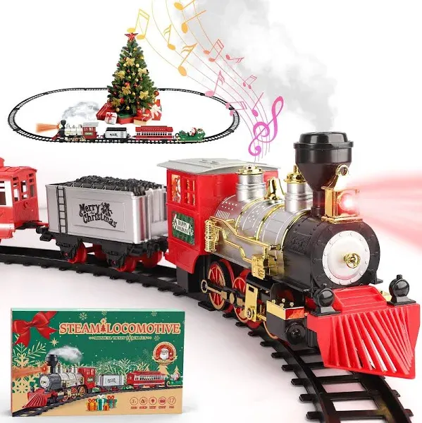 Train Set - Toy Train for Boys Girls with Smoke, Headlight and Sound, Train Toy with Steam Locomotive, Train Carriages and Tracks, Toddler Musical Train for 3 4 5 6 7 8+ Year Old Kids