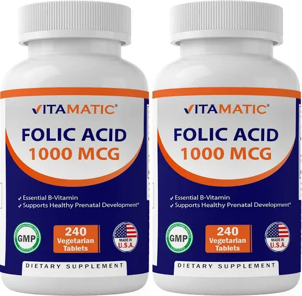 2 Pack - Vitamatic Folic Acid 1000 mcg (1 mg) - 240 Vegetarian Tablets 