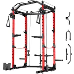 Power Cage, 1600lbs Capacity Squat Rack for Home Gym, Multifunctional Home Gym Equipment with Attachments - Red