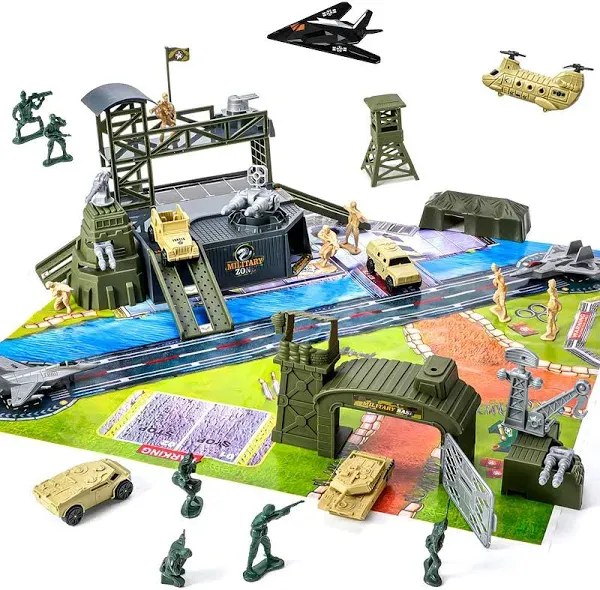 47 Pieces Military Base Set, Army Men Playset with Vehicles Accessories,Soldier Army Men and Play Map,Mini Army Toy Tank,Warplane,Helicopter Playset Plastic Christmas Toys Gifts for Kids Boys