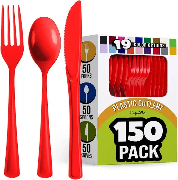 150 Pack Red Plastic Silverware, Red Silverware Set, Red Utensils, Red Plastic Cutlery 50 Red Plastic Forks, 50 Plastic Spoons, 50 Red Knives for Valentine's Day, Birthday, Wedding