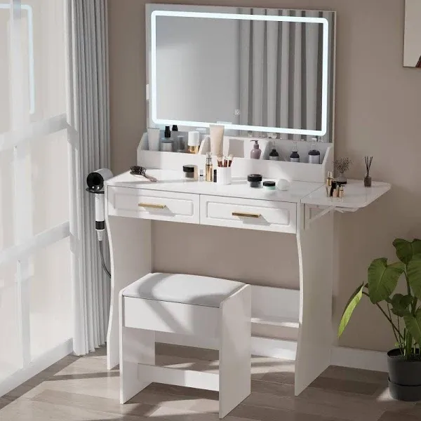 Homesflex Modern White Makeup Vanity Desk with Adjustable Lights, Mirror, and Storage