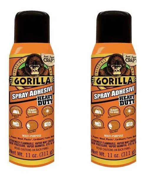 Gorilla Heavy Duty Spray Adhesive, Multipurpose and Repositionable, 11 ounce, Clear, (Pack of 2)