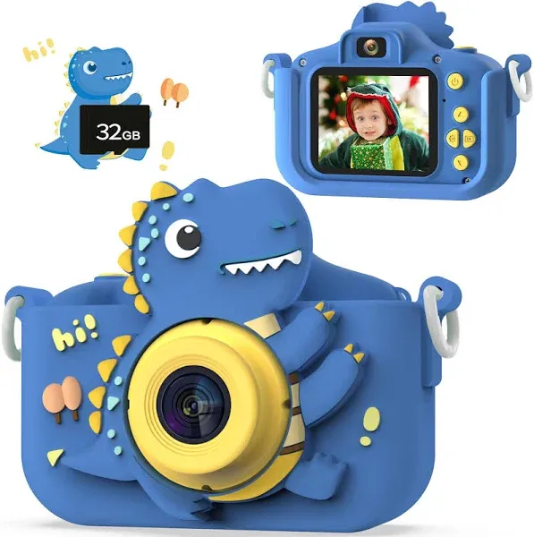 Dinosaur Kids Camera, HD Selfie Toddler Camera, Christmas Birthday Toys Blue