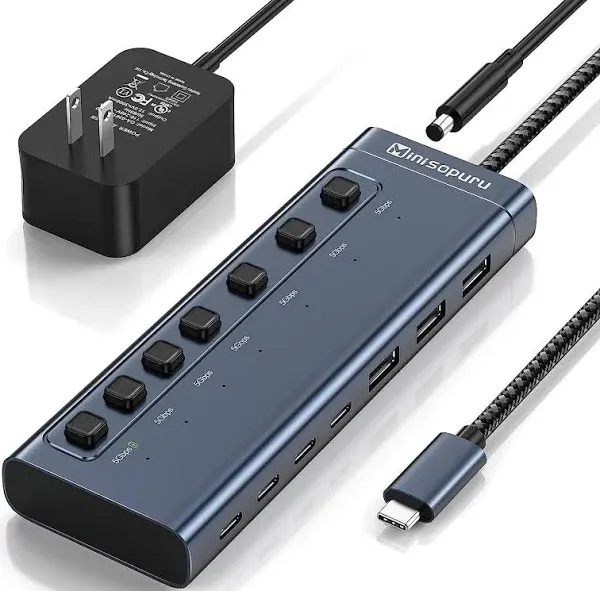 Minisopuru Powered USB Hub,7 IN1 Powered USB C Hub with 3 USBA 3.0 Data Ports and 4 USB C Data, Smart Charging for iPhone/iPad, USB Splitter with Individual On/Off Switches and 12V/3A Power Adapter