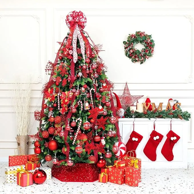 XmasExp Christmas Tree Collar 24 inch Sequin Tree Skirt for Christmas Holiday Home Decor Xmas Tree Ring Stand Base Cover Small Size 4 Piece Red