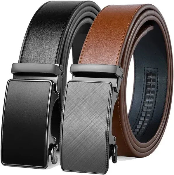 Founders & C Mens Belt 2 Pack,Leather Ratchet Click Belt Dress with Slide Buckle 1 3/8" in Gift Set Box- Size Adjustable