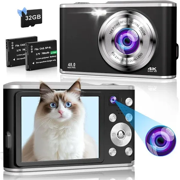 Digital Camera 4K 48MP Autofocus Vlogging Camera with Rear and Front Camera 