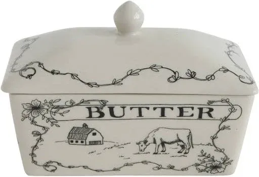 Creative Co-Op Country Style White & Black Stoneware Butter Dish with Lid