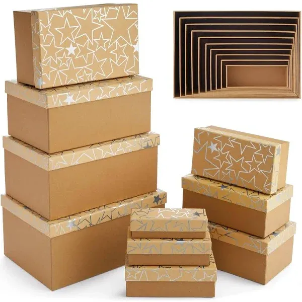 Versatile 10-Pc Nesting Gift Boxes - Stackable Cardboard with Silver Foil Design