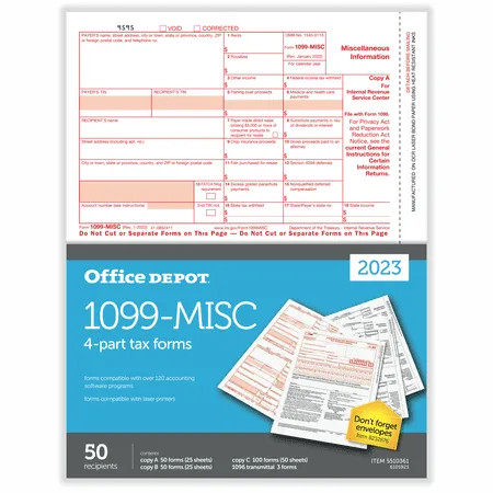 Office Depot 1099-MISC Tax Forms/Envelope<wbr/>s, 4-Part, 2-Up, 8-1/2&#034; x 11&#034;, 10PK