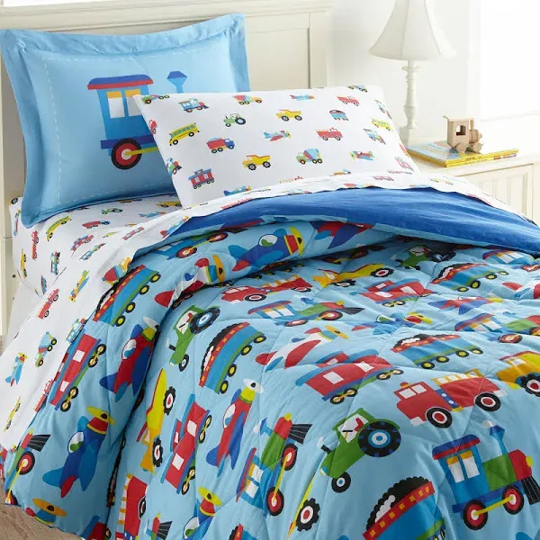 Blue Trains Planes Trucks Cotton Bed in a Bag Toddler Twin Full Bedding Comforter & Sheet Set