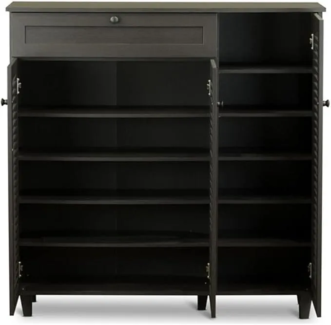 BOWERY HILL Contemporary 3 Door Shoe Cabinet in Dark Brown