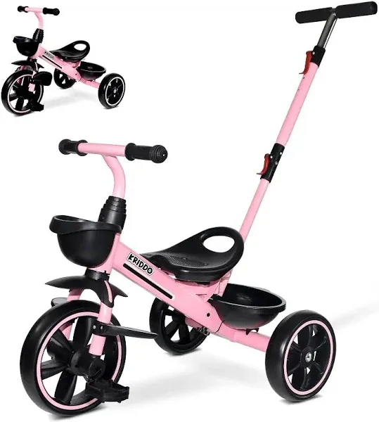  2-in-1 Toddler Tricycle for Ages 18 Months to 5 Years Old - Extended Push Pink