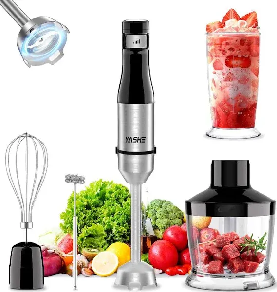 YASHE Immersion Blender Handheld, 5 in 1 Hand Blender, Continuously Variable Speed, Stainless Steel Blender Stick, Emulsion Blender with Chopper, Whisk and Milk Frother for Meat, Soups and Baby Food