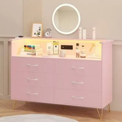 Pink 6 Drawer Dressers with LED Light and Charging Station