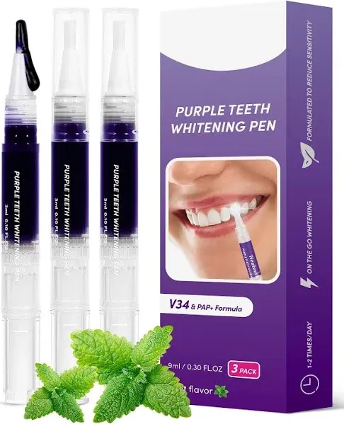 Glorysmile Teeth Whitening Gels Pen, Purple Teeth Whitening Pens, Instant Teeth Whitening Paint Pens, Color Correcting for Tooth Stain Removal 3 Packs