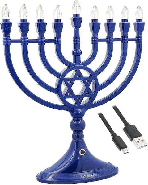 Traditional LED Electric Blue Hanukkah Menorah - Battery or USB Powered - Includ