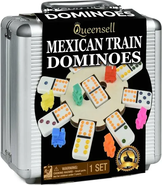 Queensell Mexican Train Dominoes Set Double 15, Dominoes Set for Adults and Family, Mexican Train Double 15 Dominoes Set Colored Dot - 136 Tiles, 9 Trains, Wooden Hub, Aluminum Case (Double 15)