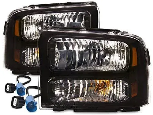 Conversion to 05-07 Style Harley-Style Black Housing Halogen Headlights Fits Ford Excursion F-250 F-350 F-450 F-550 Super Duty