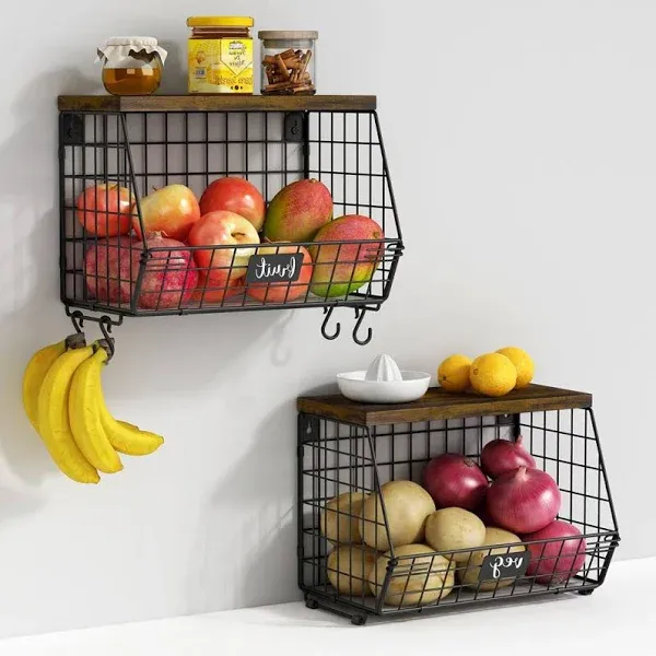 Fruit and Vegetable storage, 2 Set Wall Mounted Wire Baskets, Fruit Basket for Kitchen Counter, Hanging Fruit Basket, Potato Onion Basket, Wire Basket for Organizing, Countertop Organization Pantry