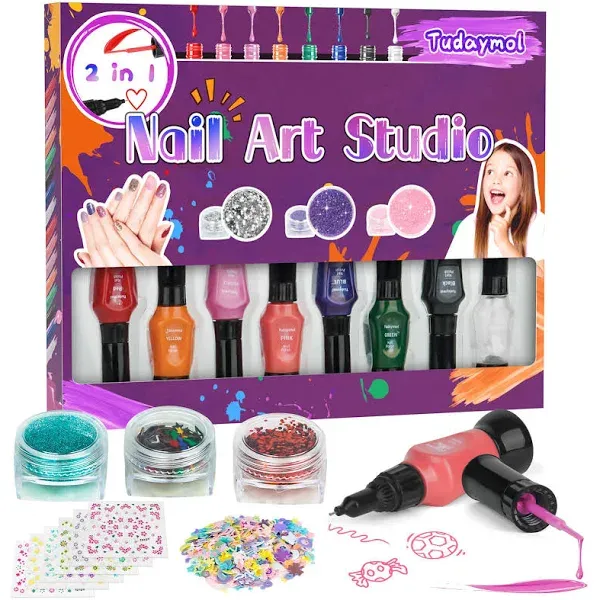 Tudaymol Nail Art Studio for Girls Nail Polish Kit for Kids Ages 6-12 Years Old,Non-Toxic Peel-Off Safe Quick Dry Nail Polish Gift Kit Set,Cool