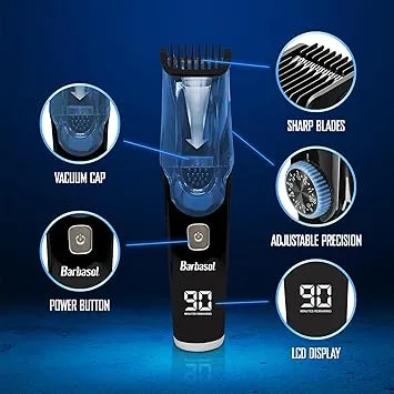 Barbasol Vacuum Beard Trimmer for Men, Self-Vacuuming Hair, Beard, Sideburns & Mustache Trimmer with 20 Length Settings, Rechargeable, LED Screen, 90 Minute Run Time