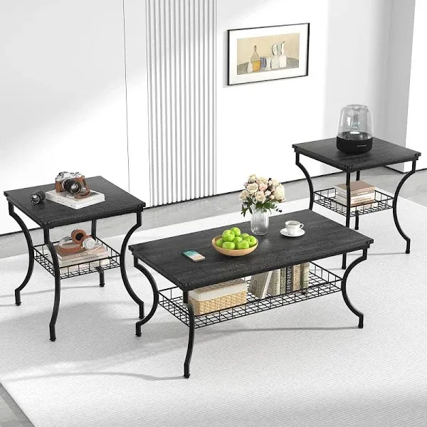 VECELO 3 Pieces Living Room Table Sets, Coffee and End Tables with Open Storage Shelves for Apartment, Home Office, Small Space, Easy Assembly, Black