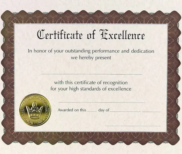 Great Papers! Certificate of Excellence, Gold Foil, Embossed, for Awards and ...